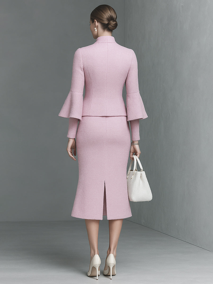 Elegant Neckline Bow Tie Trumpet Sleeve Jacket Skirt Tweed Set - By Qivii