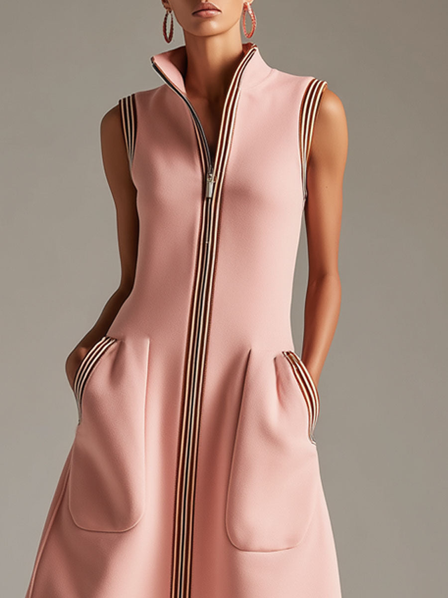 Sporty Retro Striped Ribbed Pink Cotton Blend Sleeveless Midi Dress - By Qivii