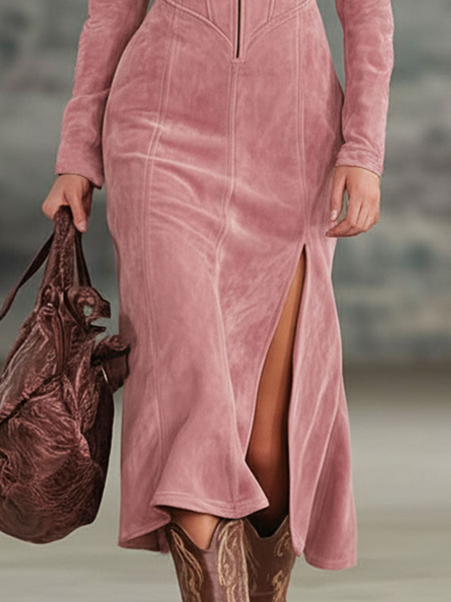 Lapel Collar Zip-up Side-slit Embroidered Faux Suede Long-sleeved Midi Dress - By Qivii