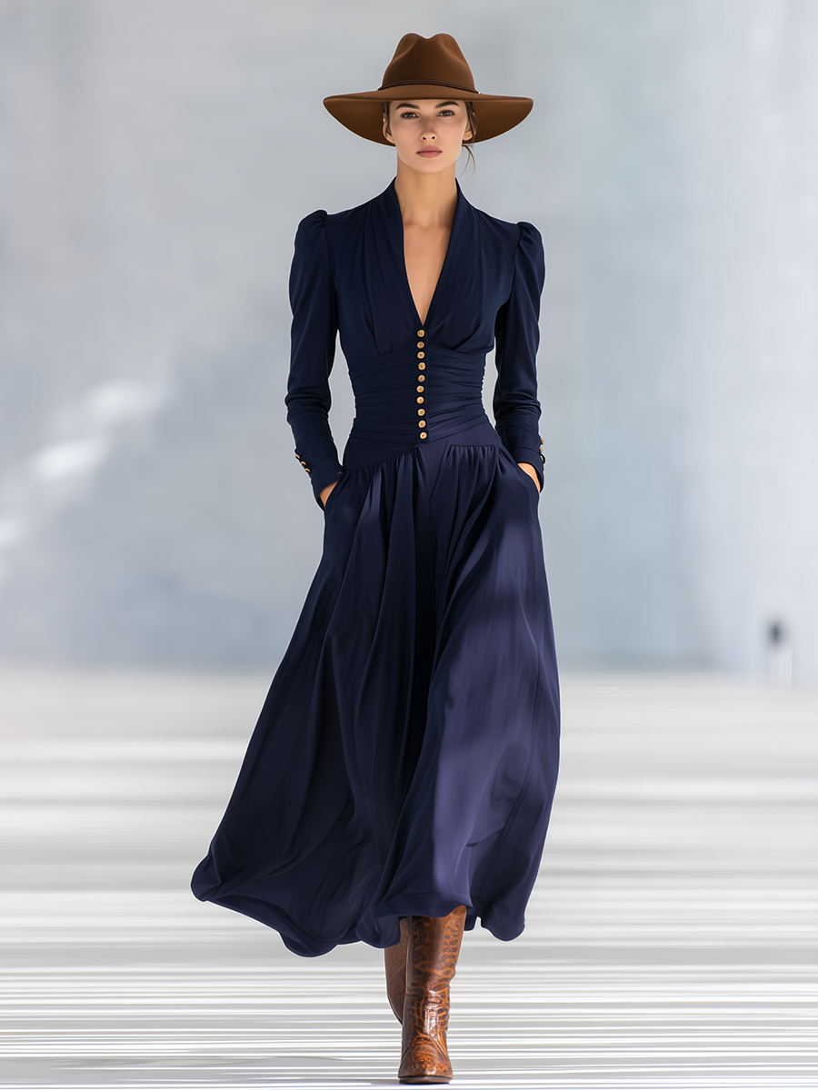 Stylish Elegant Button-decorated V-neck Long-sleeved Maxi Dress - By Qivii
