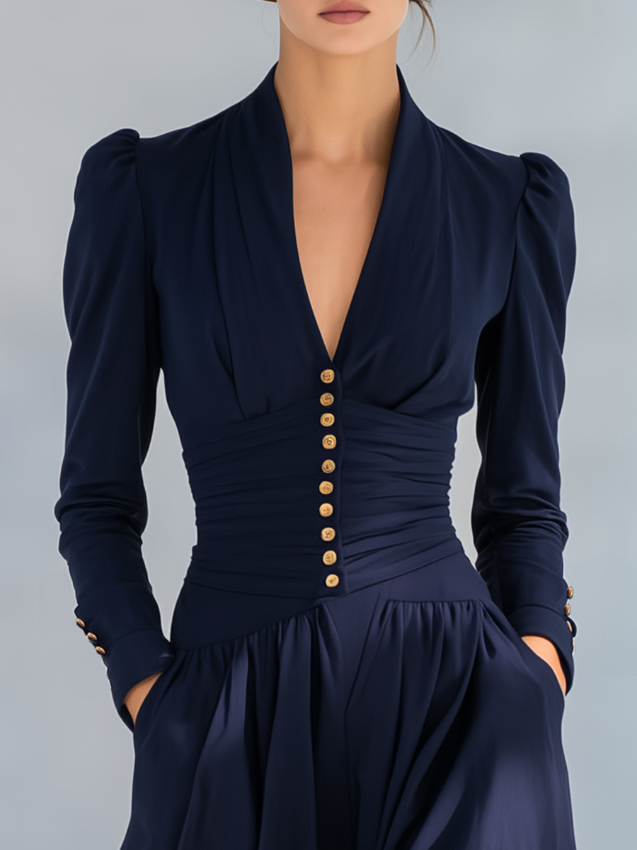 Stylish Elegant Button-decorated V-neck Long-sleeved Maxi Dress - By Qivii
