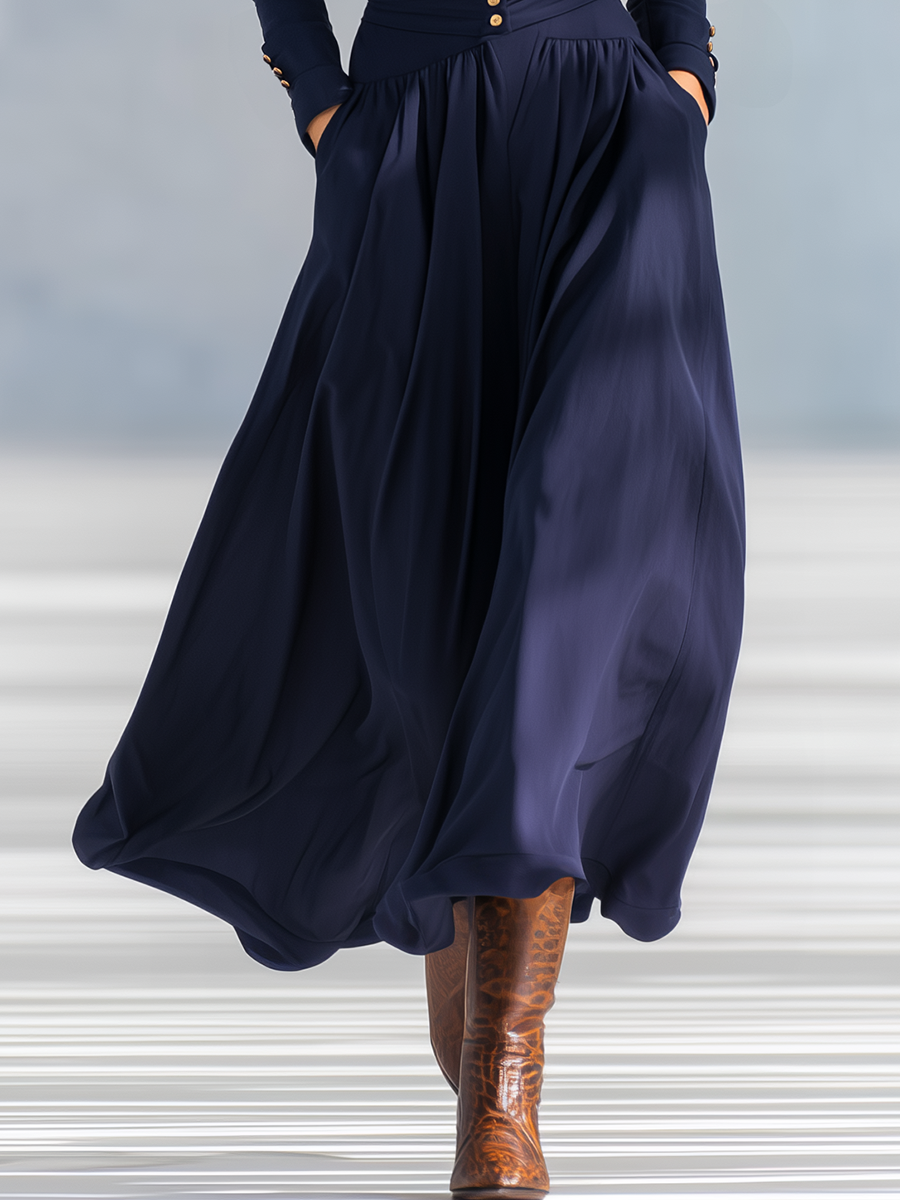 Stylish Elegant Button-decorated V-neck Long-sleeved Maxi Dress - By Qivii