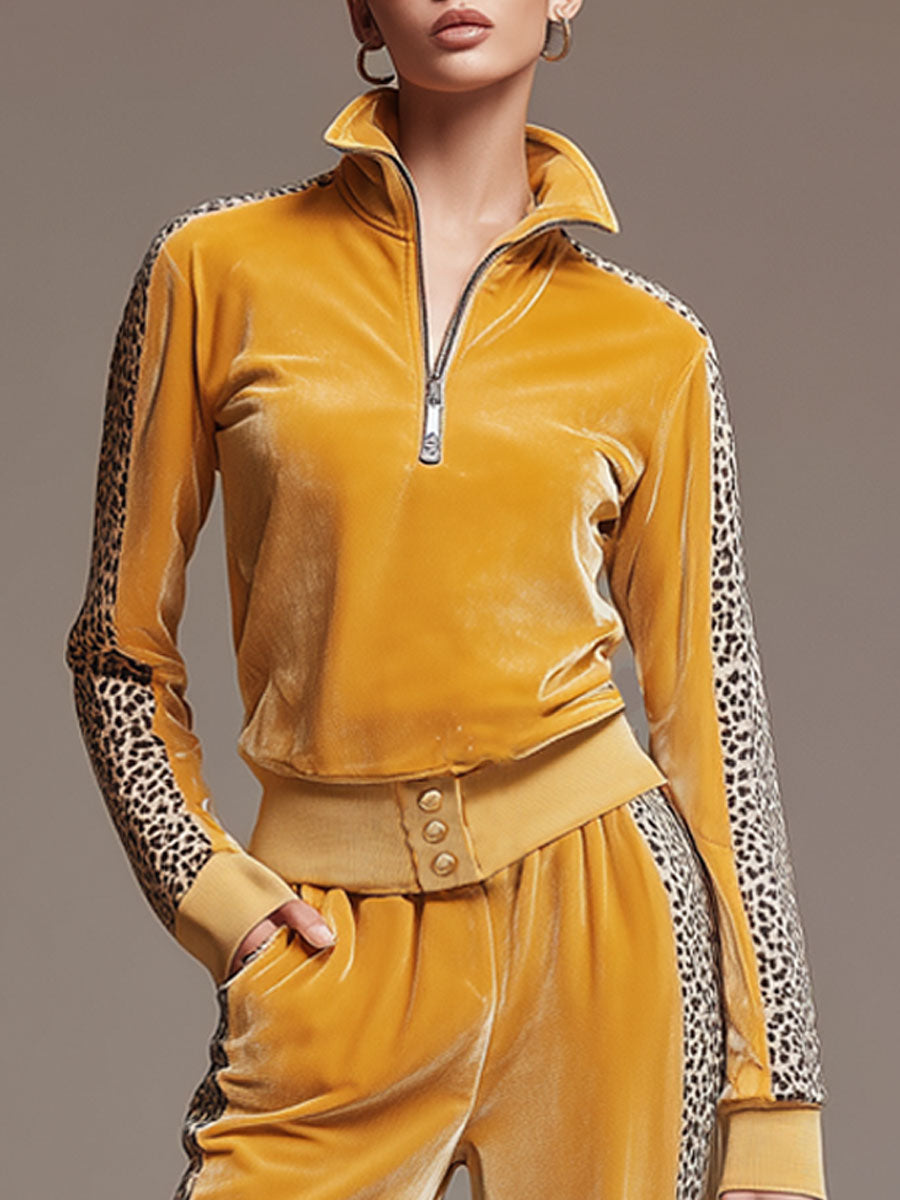 Casual Sporty Retro Leopard Print Trim Yellow Velvet Sweatshirt Wide-Leg Pants Set - By Qivii