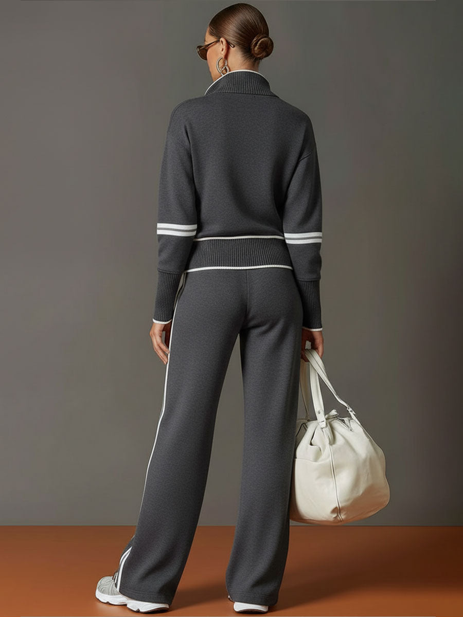 Retro Sporty Webbing Grey-white Half-zip Sweatshirt And Wide-leg Pants Set - By Qivii