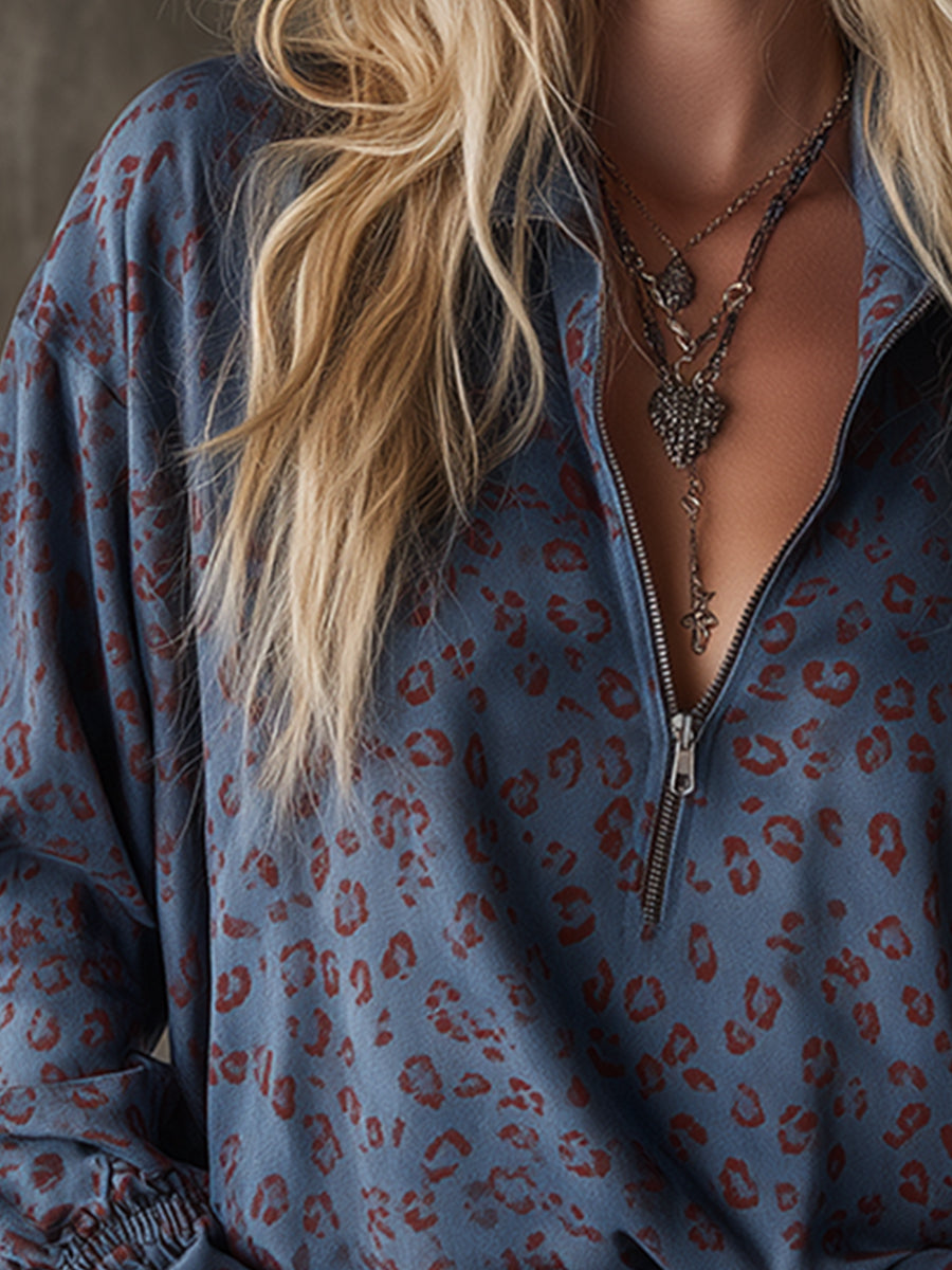 Western-style Casual Leopard Print Blue Faux Suede Shirt - By Qivii