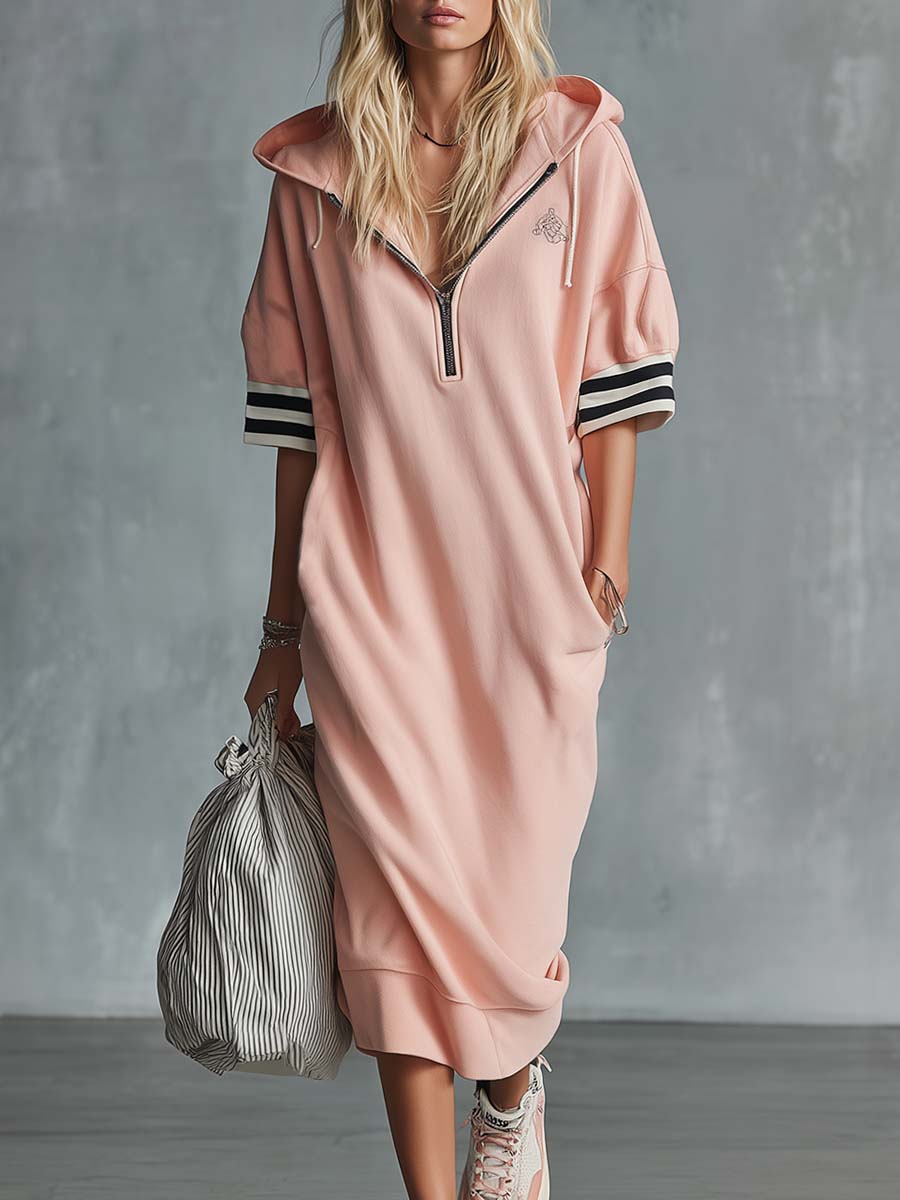 Casual Fashion Sporty Hooded Front Zipper Short-sleeved Cherry Blossom Pink Cotton Midi Dress - By Qivii