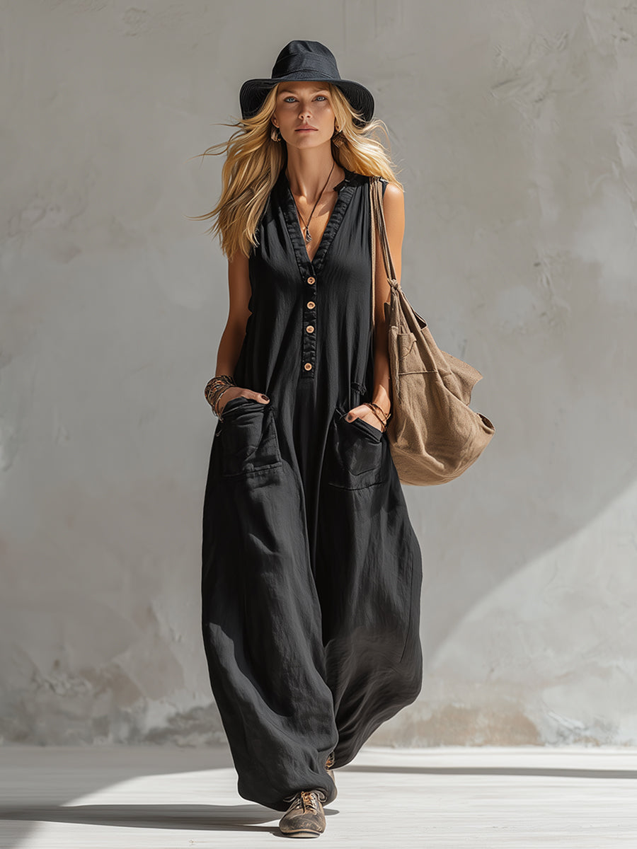 Elegant Urban-style Black Cotton And Linen Sleeveless Jumpsuit - By Qivii