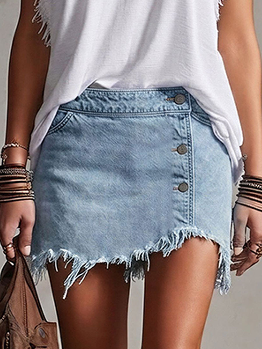 Western Retro Frayed Camel Denim Mini Skirt And Shorts - By Qivii