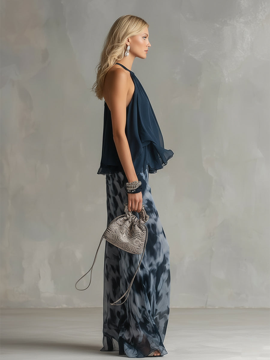 Elegant Urban Navy Blue Halter Neck Top And Printed Wide-leg Pants Chiffon Set - By Qivii
