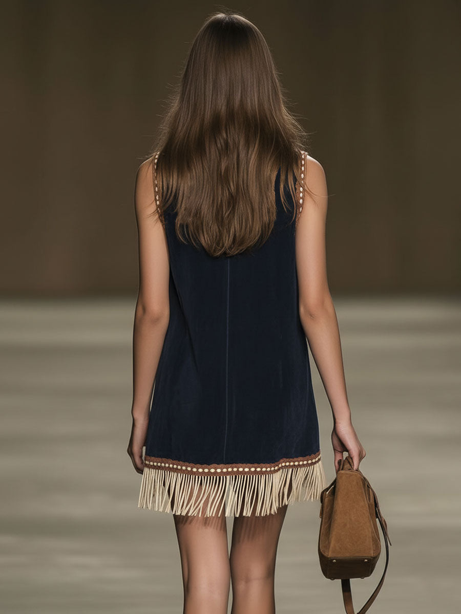 Western Retro Faux Suede Bohemian Style Embroidered Tassel Sleeveless Mini Dress - By Qivii
