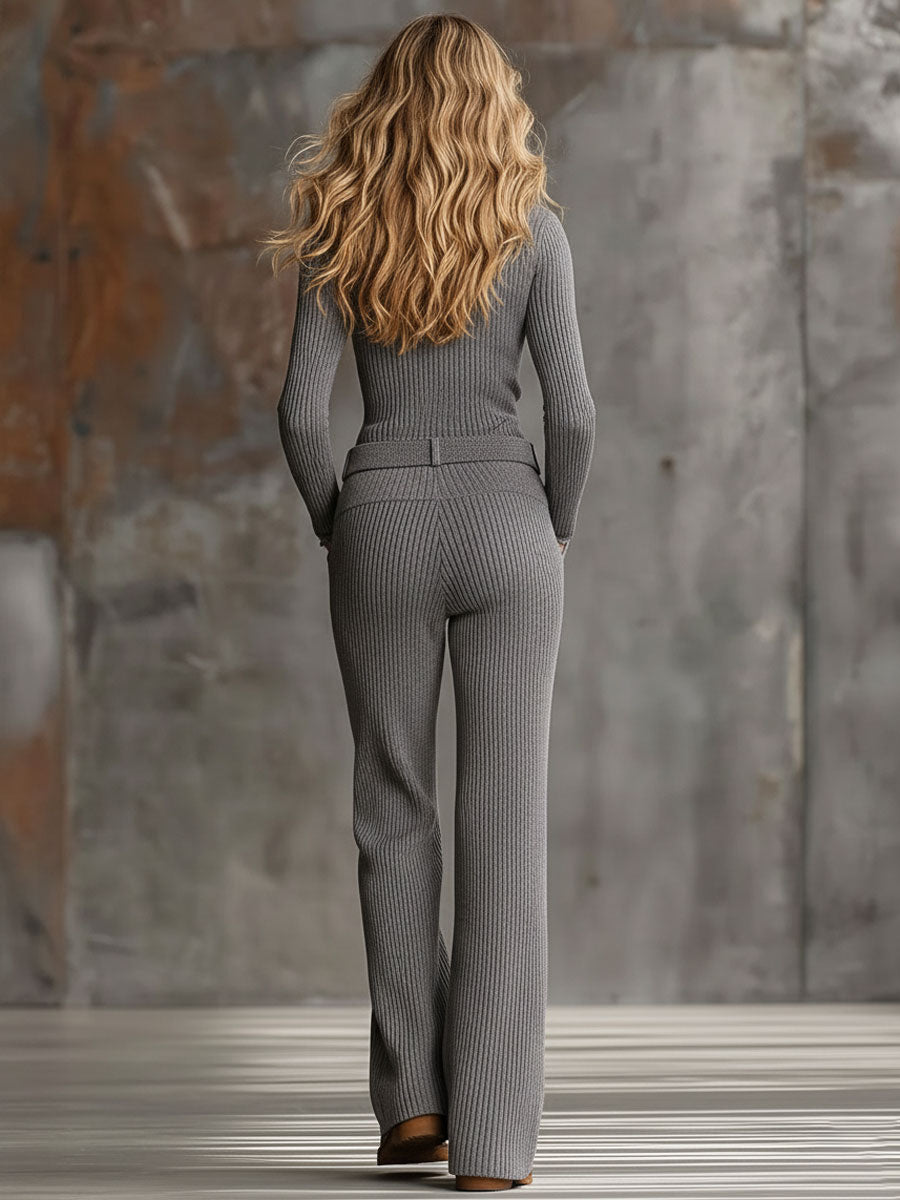 Fashionable Retro Gray Knit Half-zip Wide-leg Pants Set - By Qivii