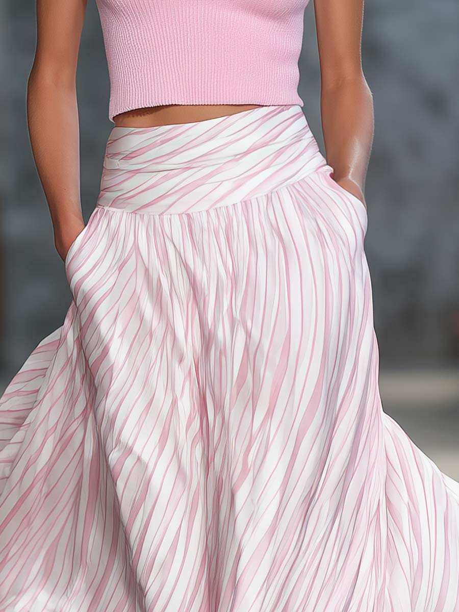 Elegant Retro Flowy Pink Striped Chiffon Skirt - By Qivii