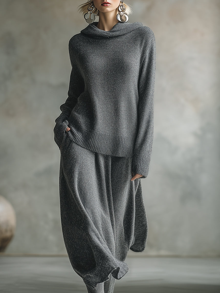 Elegant Minimalist Gray Hooded Sweater Skirt Set - By Qivii