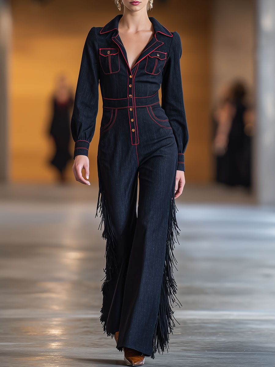 Retro Red Topstitched Navy Denim Long Sleeve Flared Tassel Jumpsuit - By Qivii