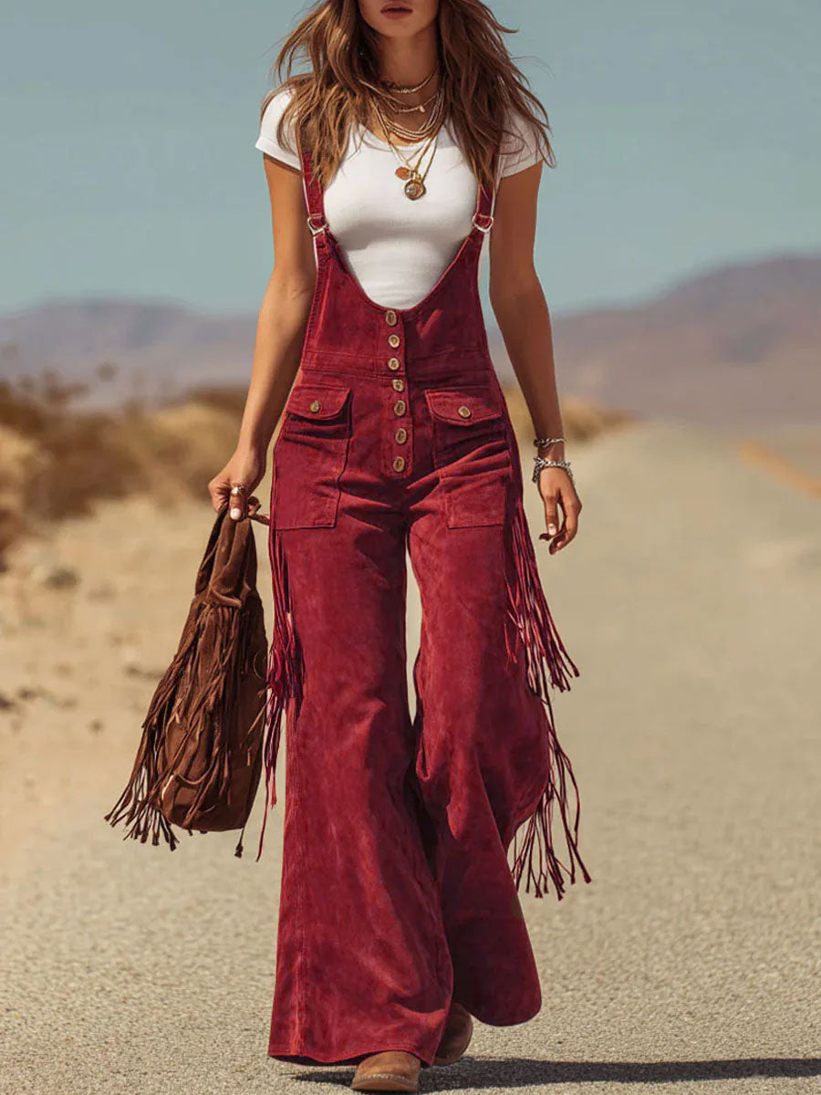 Brown Micro-suede Pocket Tassel Wide-leg Overalls - By Qivii