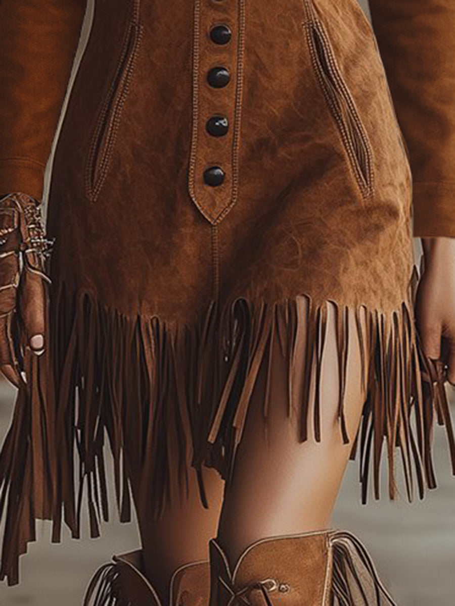 Western Style Tassel Brown Faux Suede Long Seleve Mini Dress - By Qivii