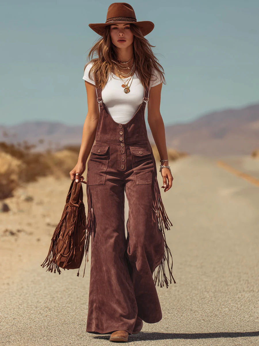 Brown Micro-suede Pocket Tassel Wide-leg Overalls - By Qivii