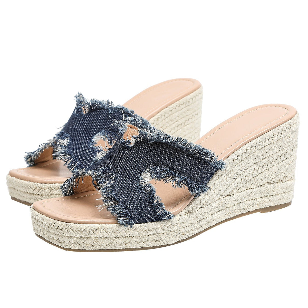 Women's Maren Frayed Denim Espadrille Wedge Slide Sandals - Coastal Platform Summer Shoes (US 4-10.5)