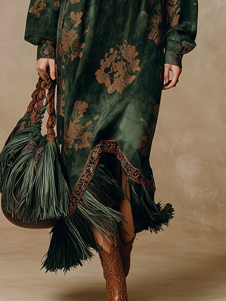Retro Silhouette Printed Green Faux Suede Tassel Maxi Dress - By Qivii