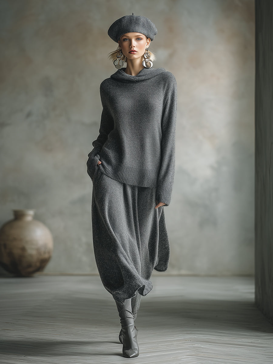 Elegant Minimalist Gray Hooded Sweater Skirt Set - By Qivii