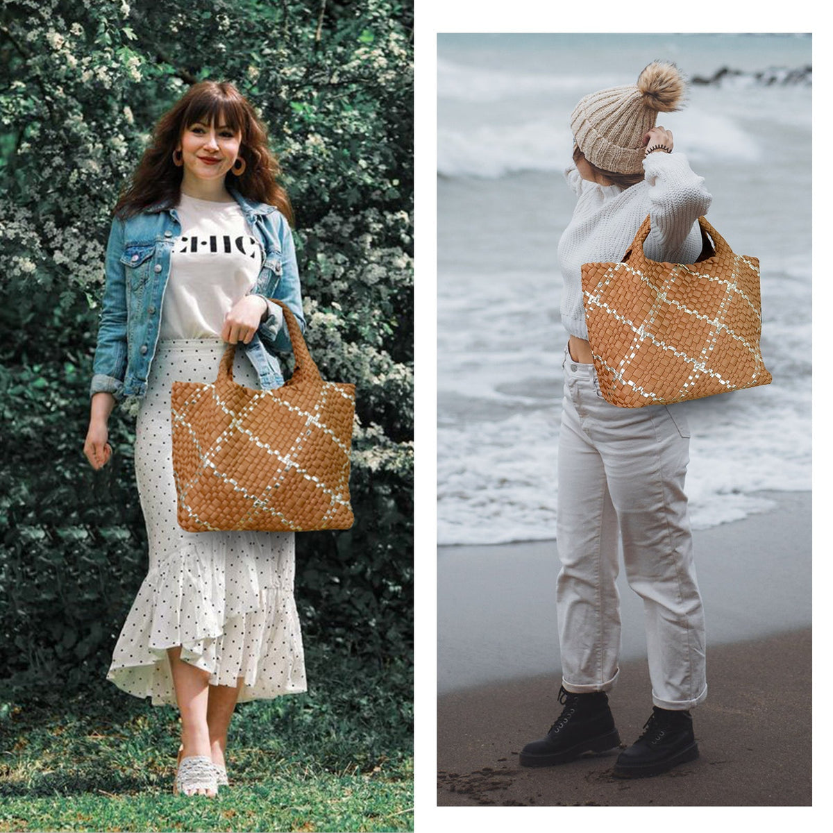 Colorblock Neoprene Woven Bag - Camel | Ounamei