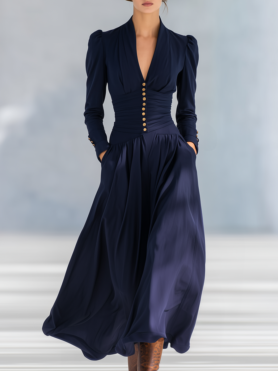 Stylish Elegant Button-decorated V-neck Long-sleeved Maxi Dress - By Qivii