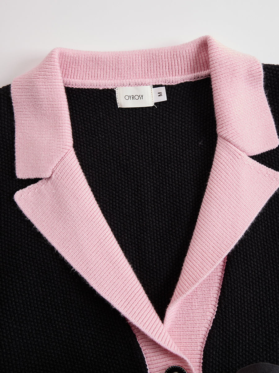 Black Contrast Pink Knitted Jacket And Skirt Set - By Qivii