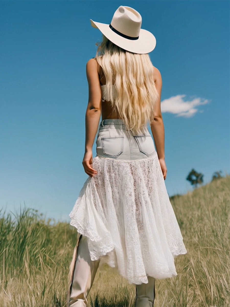 Romantic And Fashionable Short Front And Long Back Lace Patchwork Denim Skirt - By Qivii