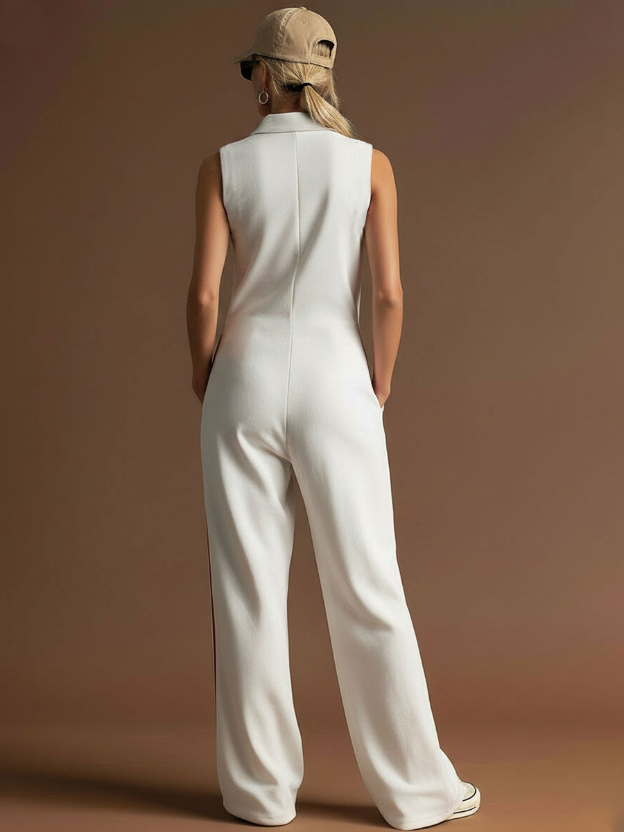Sporty Retro Red Ribbon White Cotton Sleeveless Jumpsuit - By Qivii