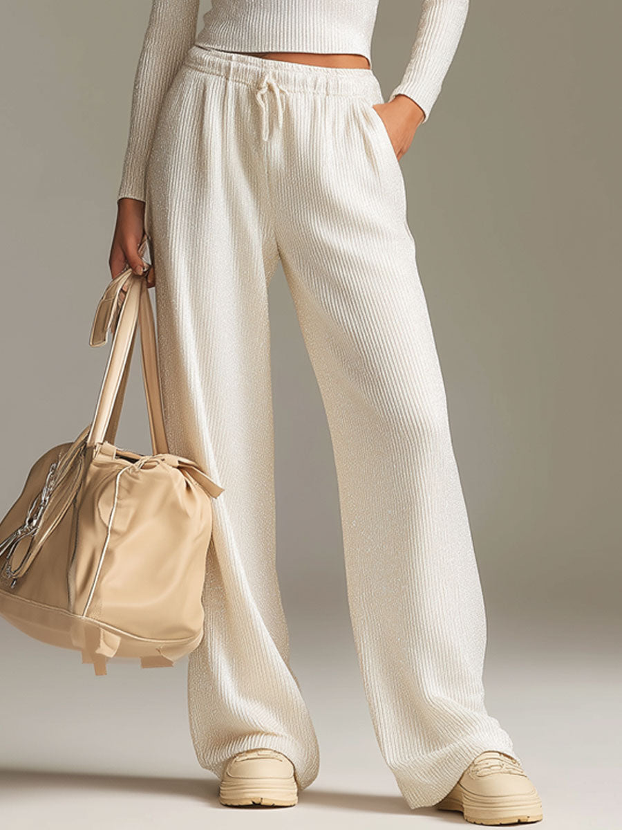 Fashionable Sporty White Knit Ribbed Crew Neck Top And Wide-leg Pants Set - By Qivii