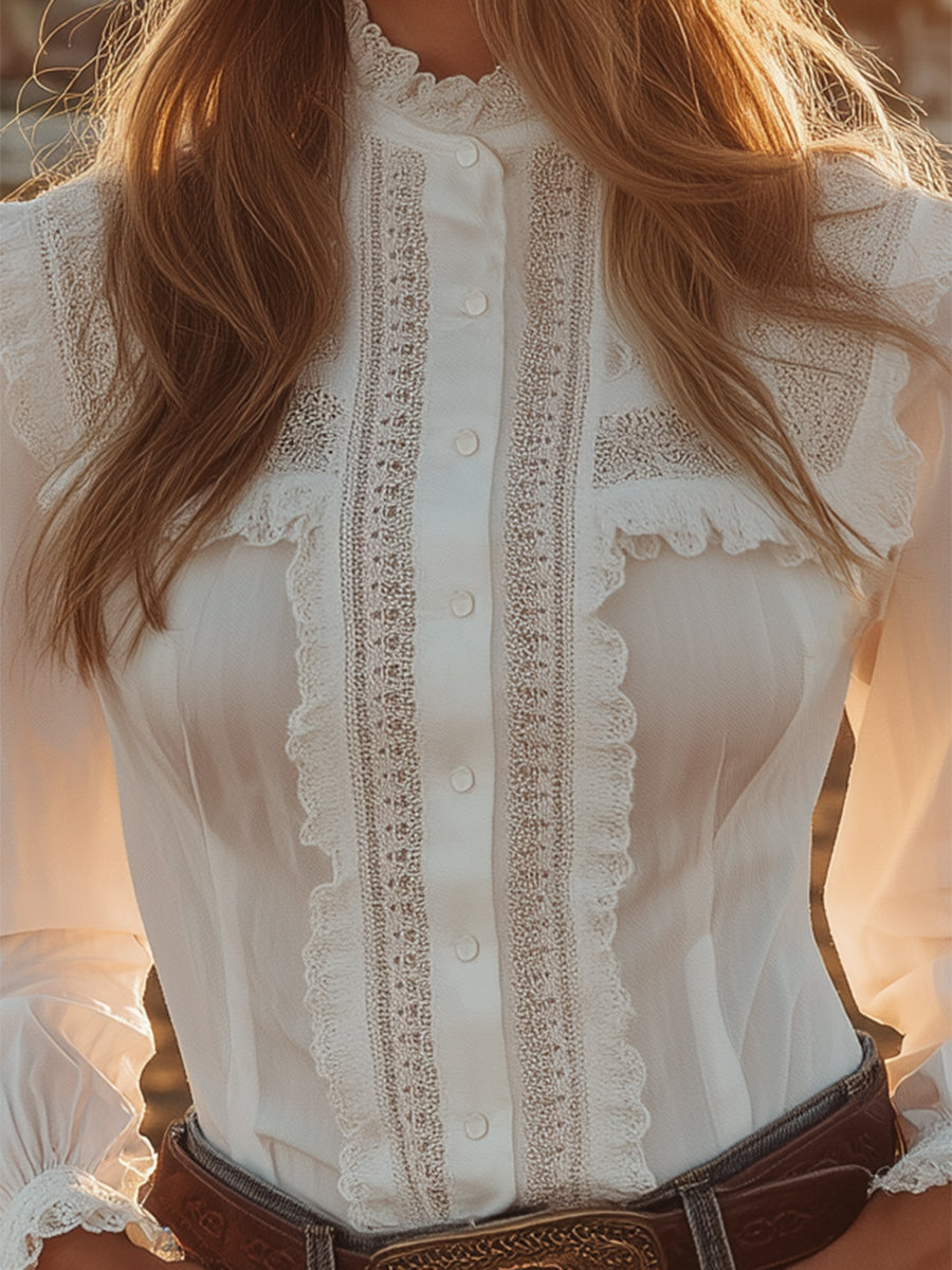Western-style White Lace Button-down Shirt - By Qivii