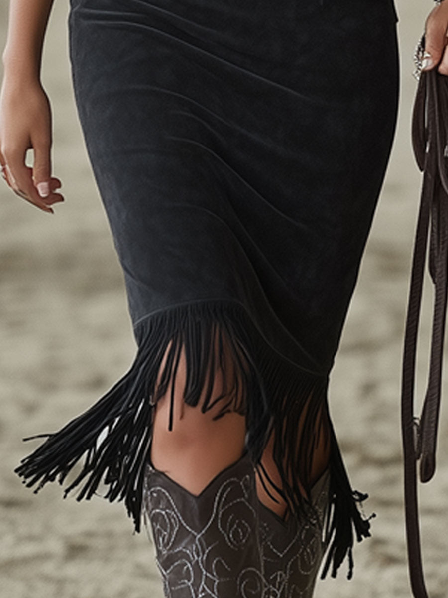 Western-style Retro Floral Embroidered Tassel Black Faux Suede Sleeveless Midi Dress - By Qivii
