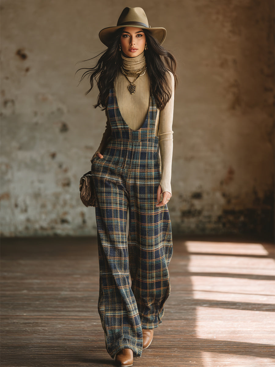 Classic Retro Blue Plaid Side-button Wide-leg Overalls - By Qivii
