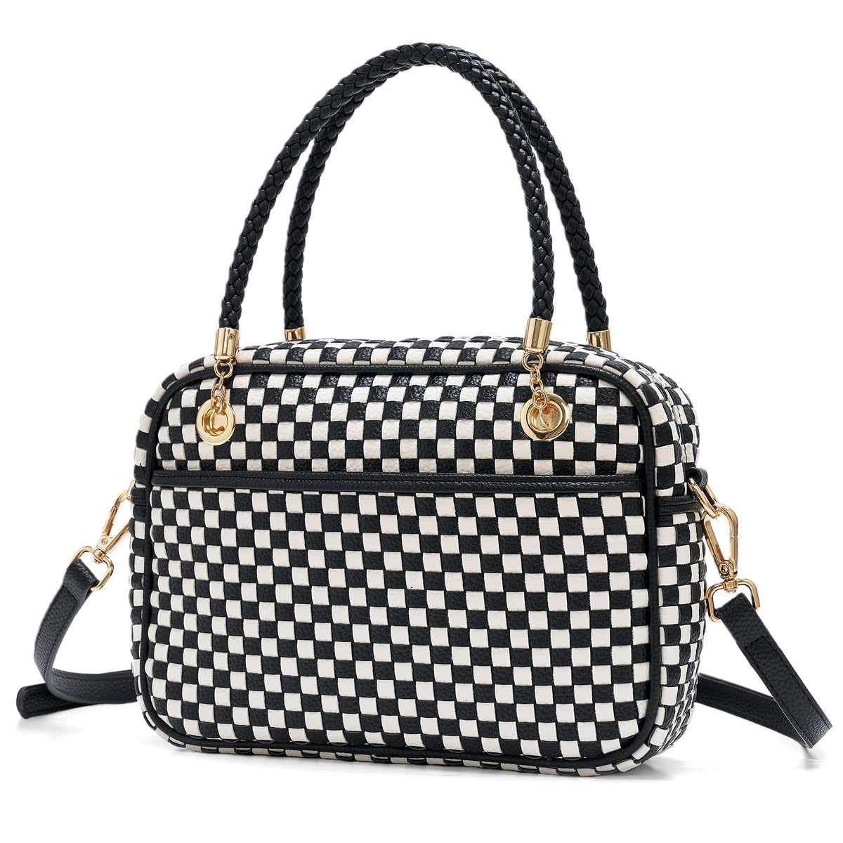 Ounamei Chic Checkered Woven Handbag Top Handle Crossbody Shoulder Bag Vegan Leather