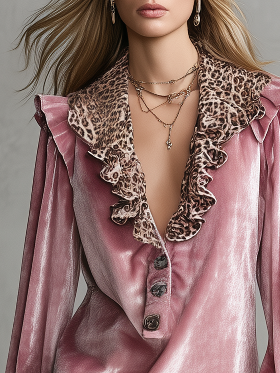 Retro V-neck Leopard Print Ruffled Hem Velvet Shirt - By Qivii