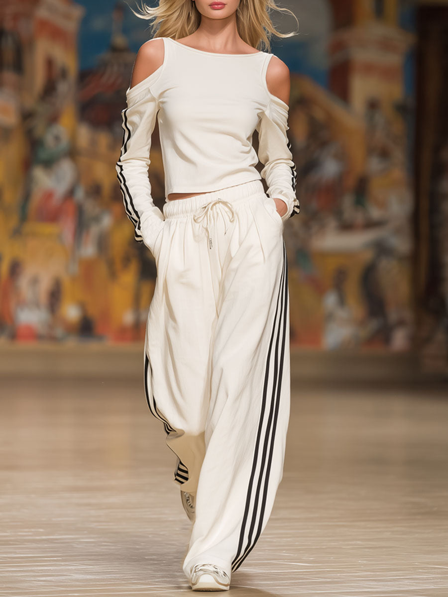Sporty Off-the-shoulder Long-sleeved Top And Pants Set - By Qivii