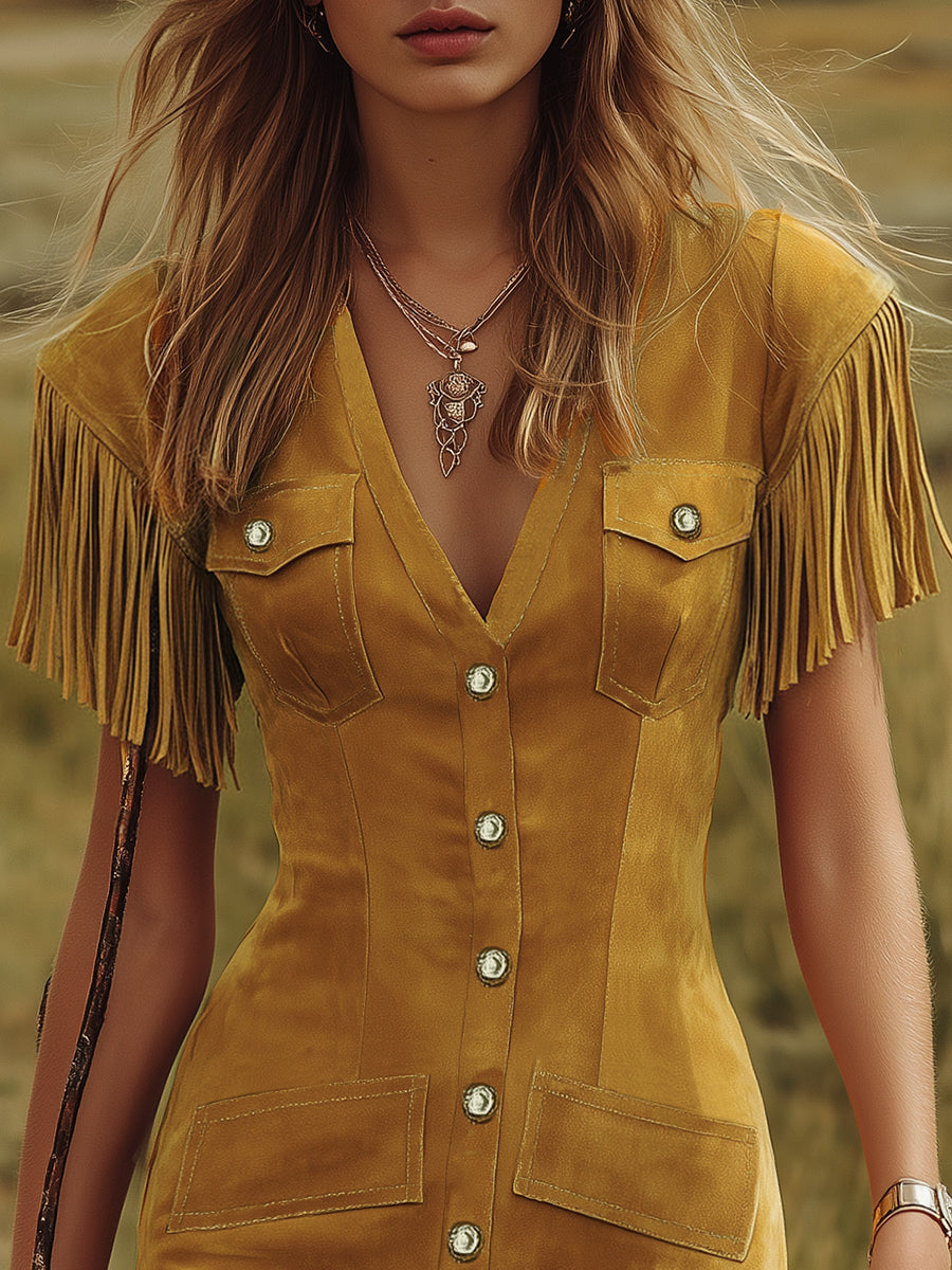 Western-style Vintage V-neck Fringed Faux Suede Mini Dress - By Qivii