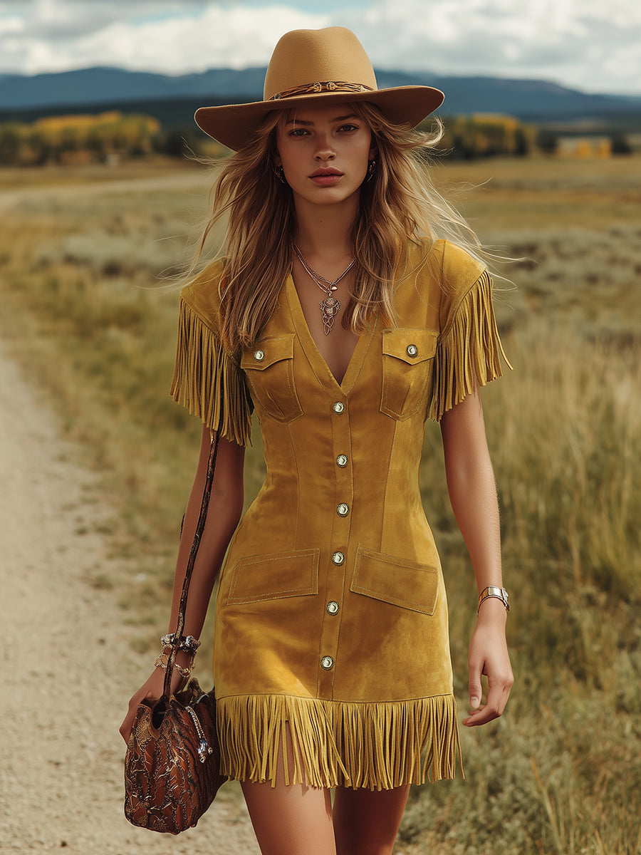 Western-style Vintage V-neck Fringed Faux Suede Mini Dress - By Qivii