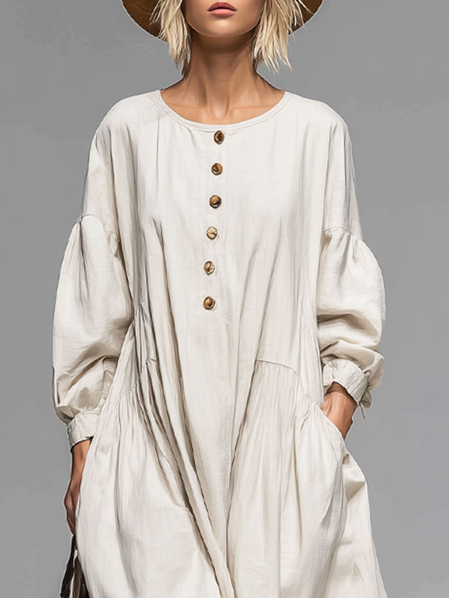 Loose Round-neck Button-front Double-pocket Cotton Long-sleeved Midi Dress - By Qivii
