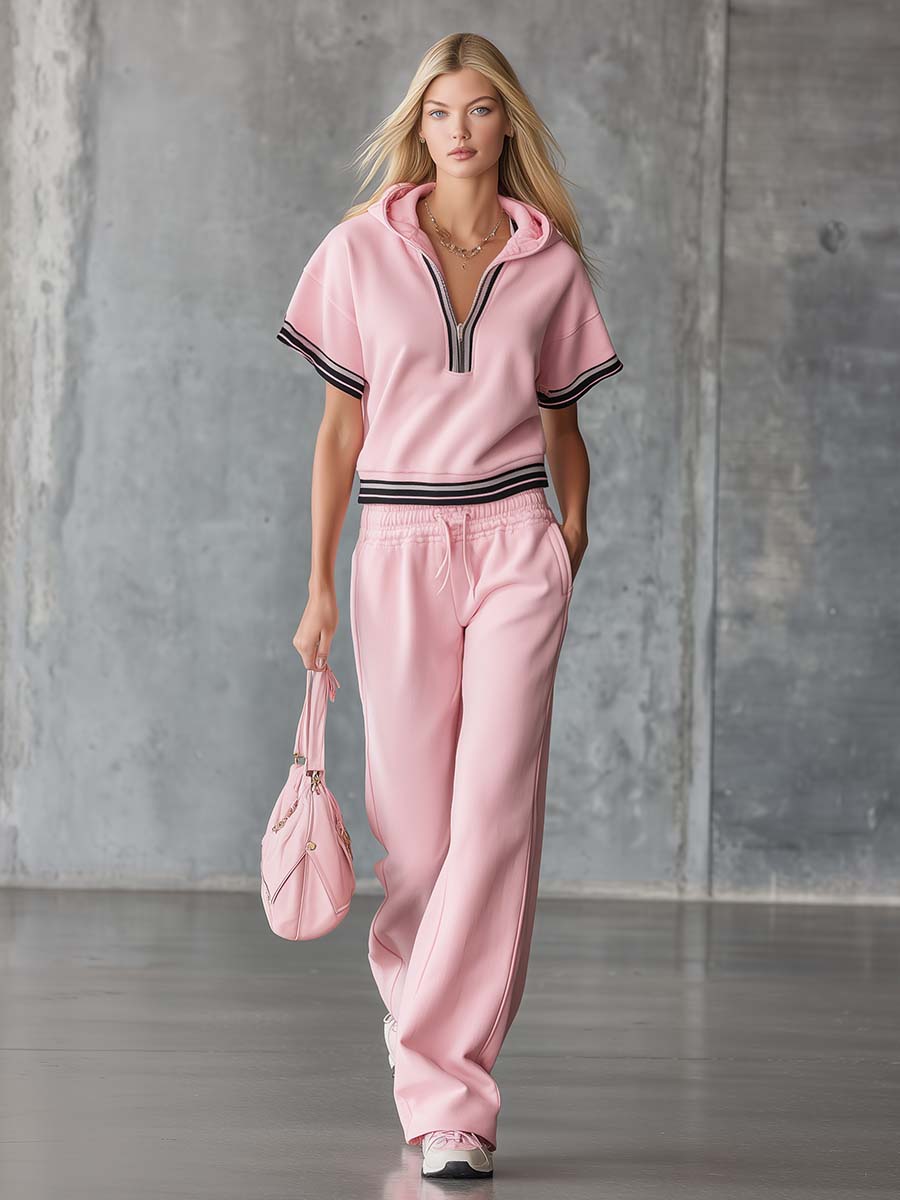 Elegant Fashion Sporty Hooded Front Zipper Short-sleeved Pink Cotton Top And Pants Set - By Qivii