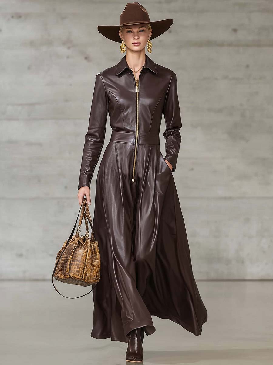 Exquisite Temperament Front Zipper Long Sleeve High-quality Brown Leather Maxi Dress - By Qivii