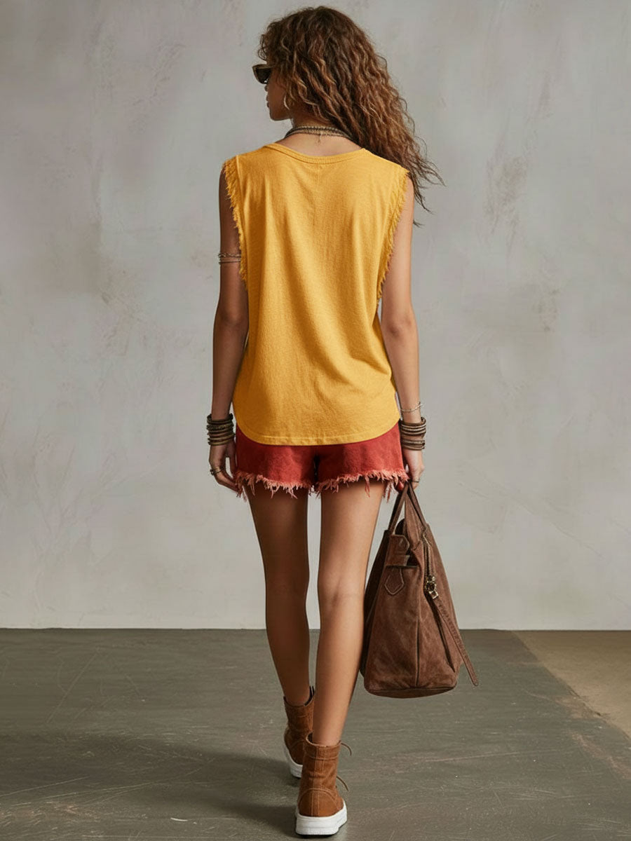 Western Retro Frayed Camel Denim Mini Skirt And Shorts - By Qivii