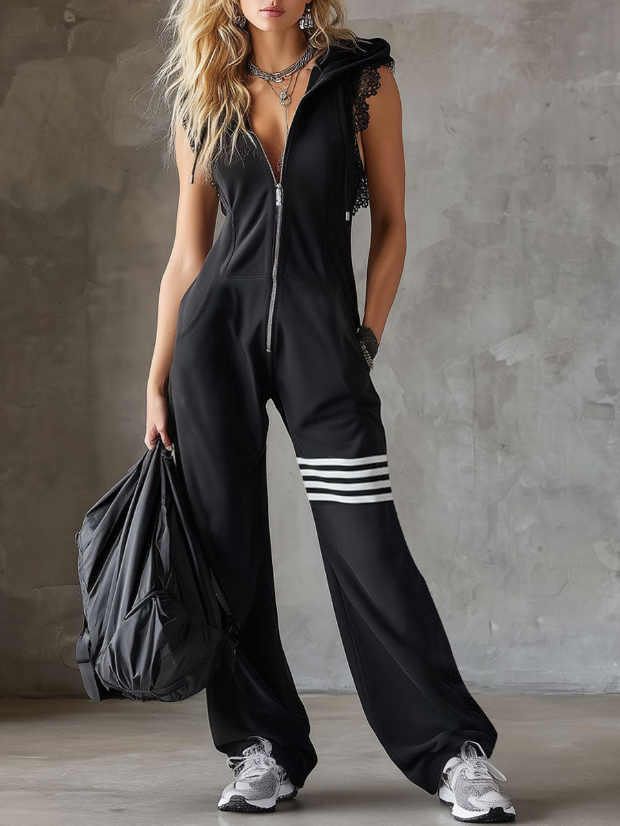 Sporty Retro Lace Striped Black Sleeveless Hooded Jumpsuit - By Qivii
