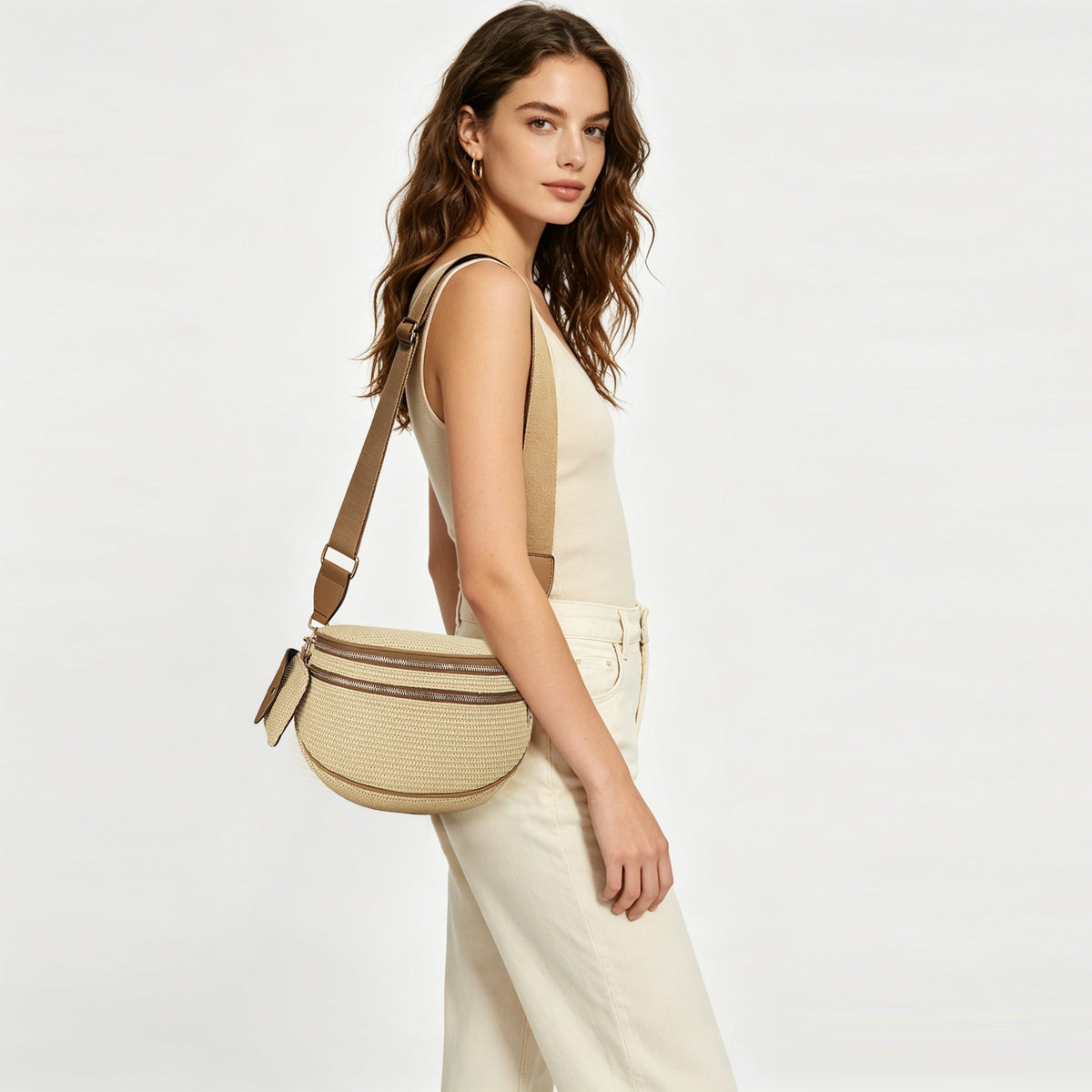 Ounamei Woven Straw Crossbody Bum Bag for Women Large Capacity Summer Belt Bag with Mini Pouch