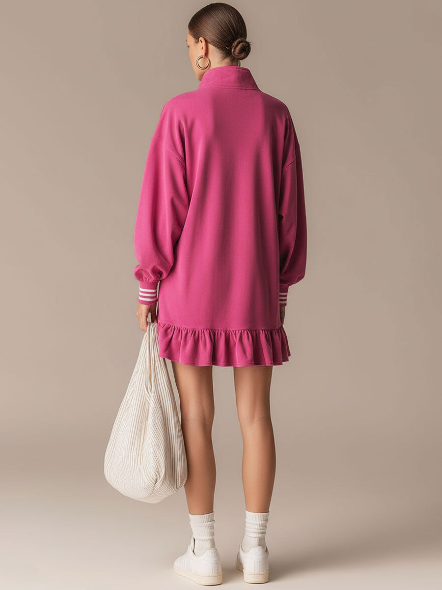 Sporty Retro Pink Cotton Half-Zip Ruffle Sweatshirt Mini Dress - By Qivii