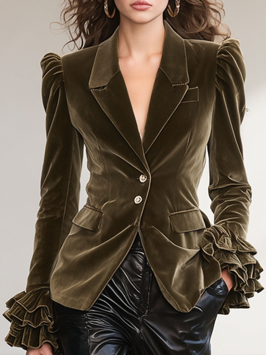 Solid Color Lapel Ruffled Single-breasted Velvet Blazer - By Qivii