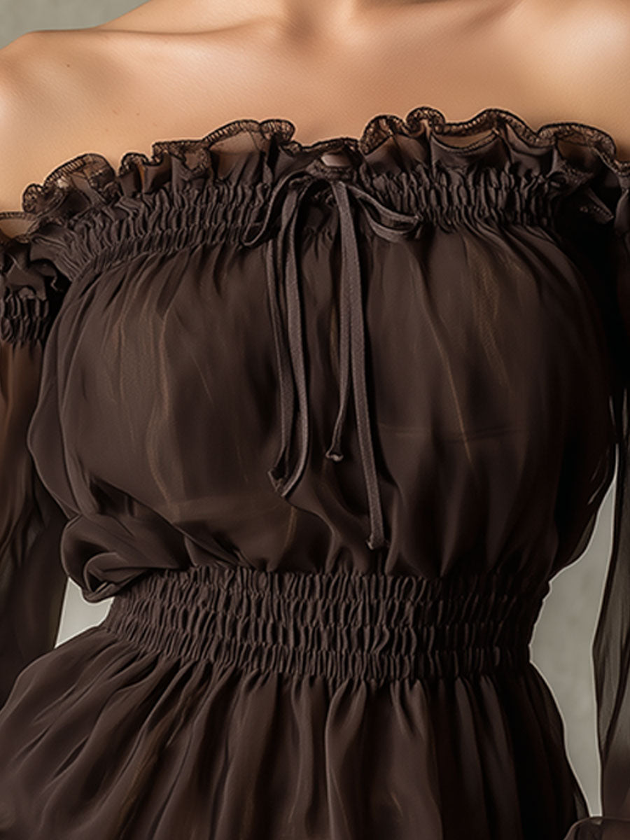 Fashionable Retro Ruffled Brown Off-shoulder Chiffon Blouse - By Qivii