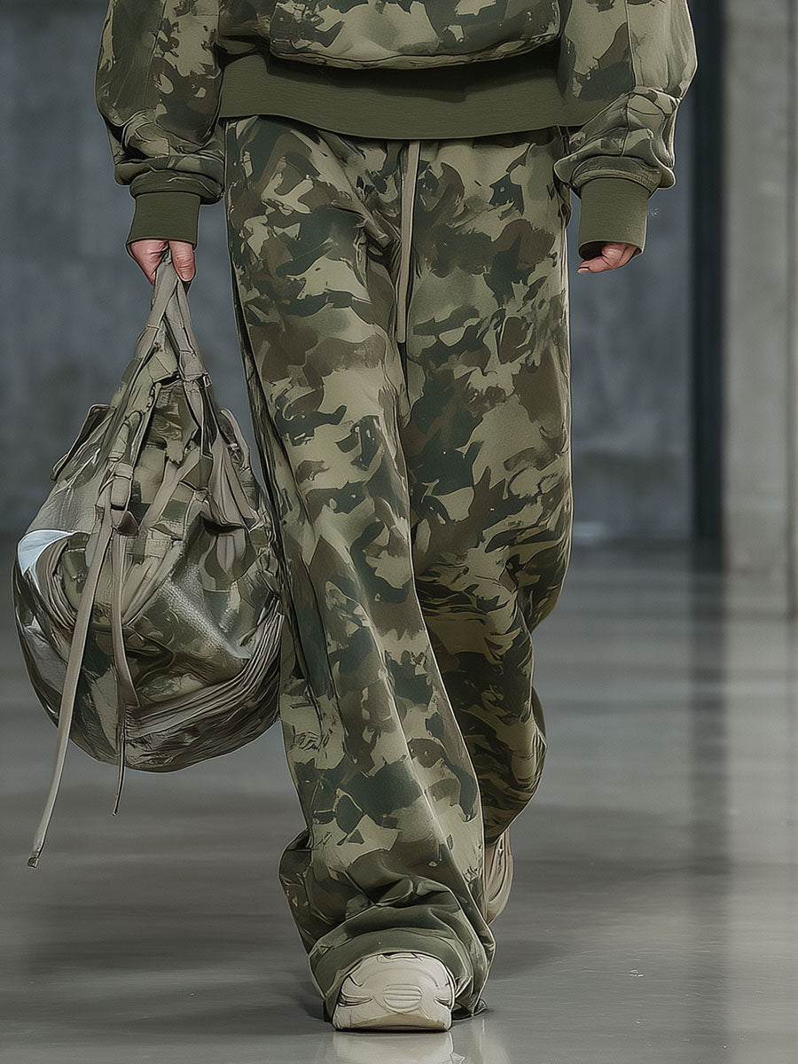 Casual And Fashionable Camouflage Print Faux Fur Collar Sweatshirt And Wide-leg Pants Suit - By Qivii
