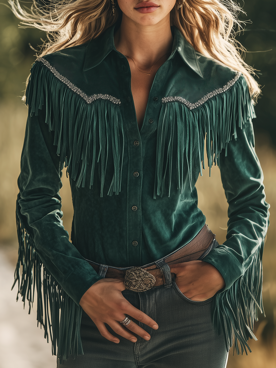 Bohemian Retro Tassel Lapel Long Sleeve Suede Shirt - By Qivii