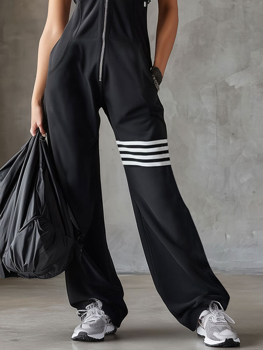 Sporty Retro Lace Striped Black Sleeveless Hooded Jumpsuit - By Qivii